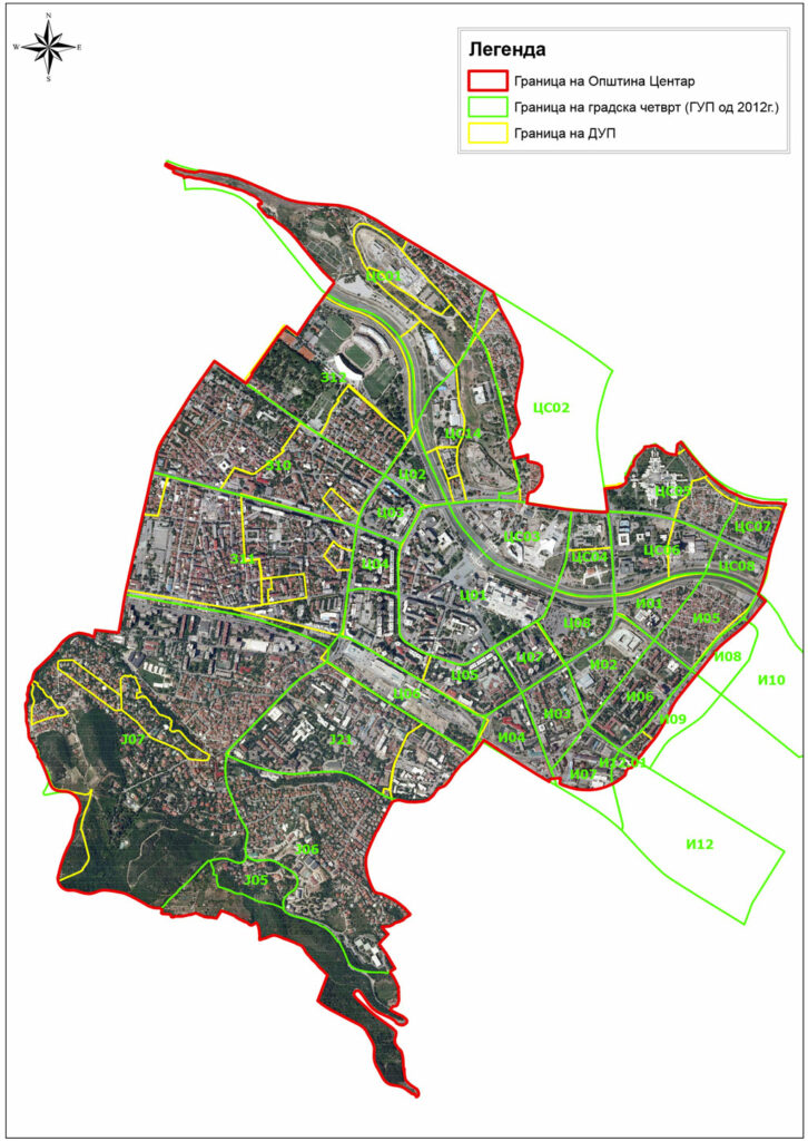 Илустрација на сателитска снимка на која се гледаат границите на Општината Центар.