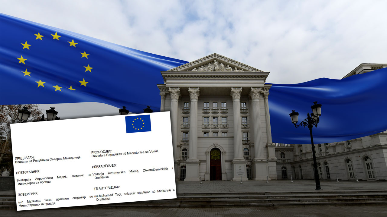 Фотографија со измени на Кривичен законик со европско знаменце, а во позадина се гледа Владата, заедно со знамето на ЕУ.